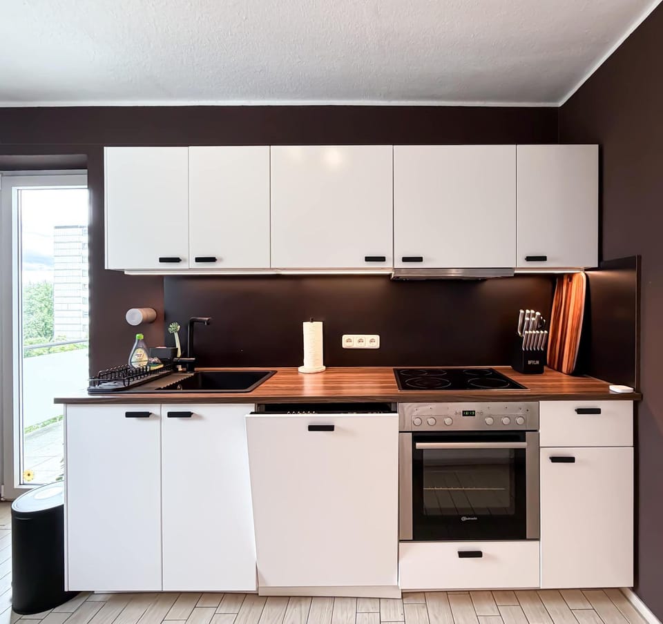 Kitchen or kitchenette, dishwasher, oven, stove