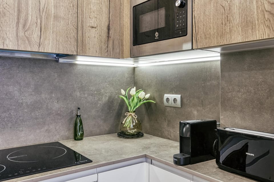 Kitchen or kitchenette, stove