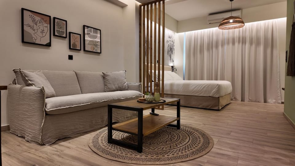 Bed, Living room, Seating area