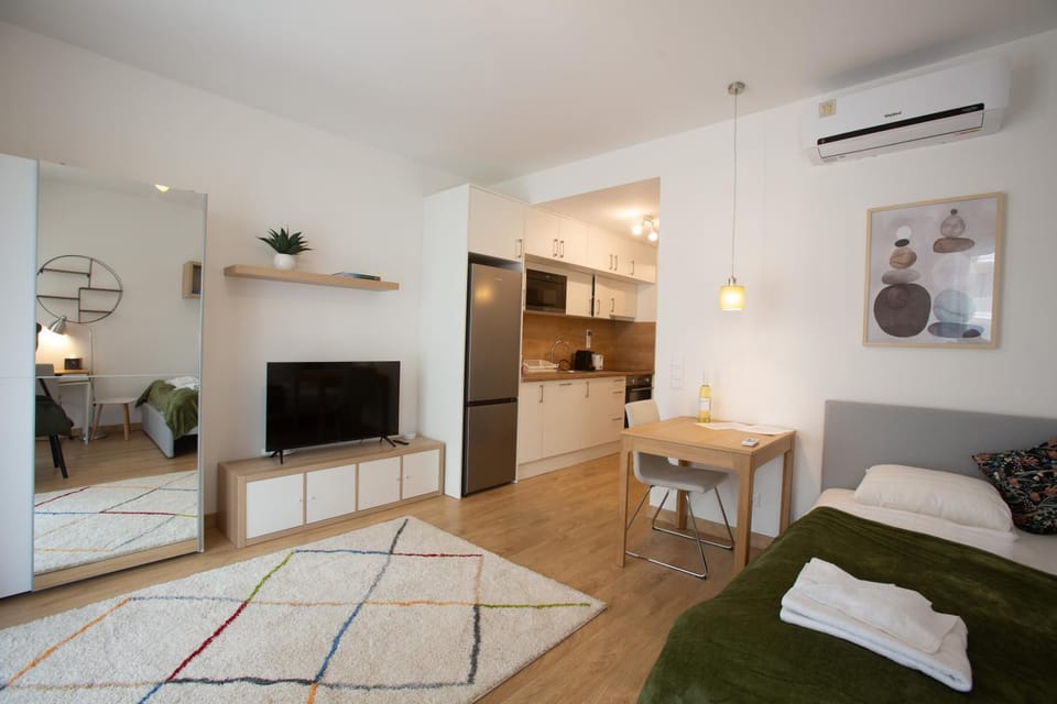 Bed, Kitchen or kitchenette, Living room, Photo of the whole room, Seating area, Bedroom, minibar, air conditioner