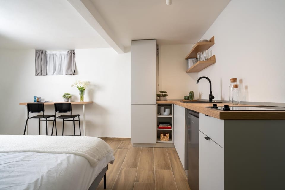Bed, Kitchen or kitchenette, Photo of the whole room, Dining area, Bedroom, stove