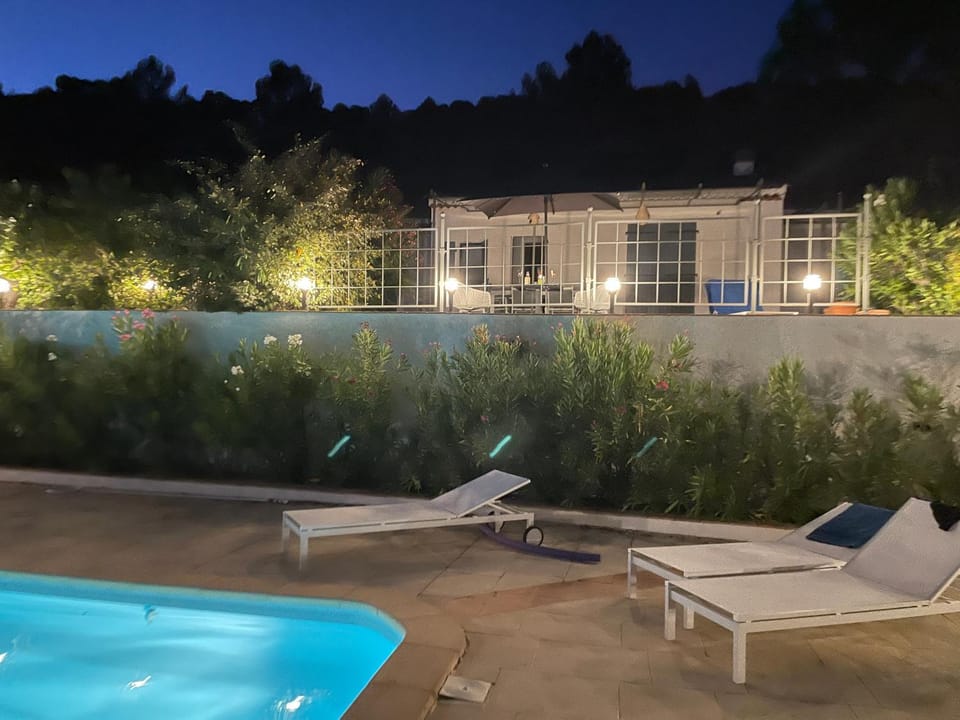 Patio, Night, Garden, Garden view, Pool view, Swimming pool, sunbed