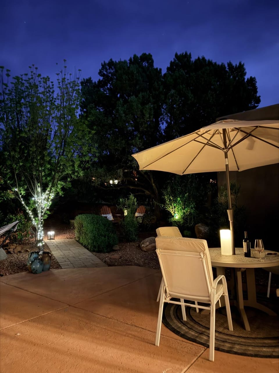 Patio, Night, Garden, Seating area, Dining area