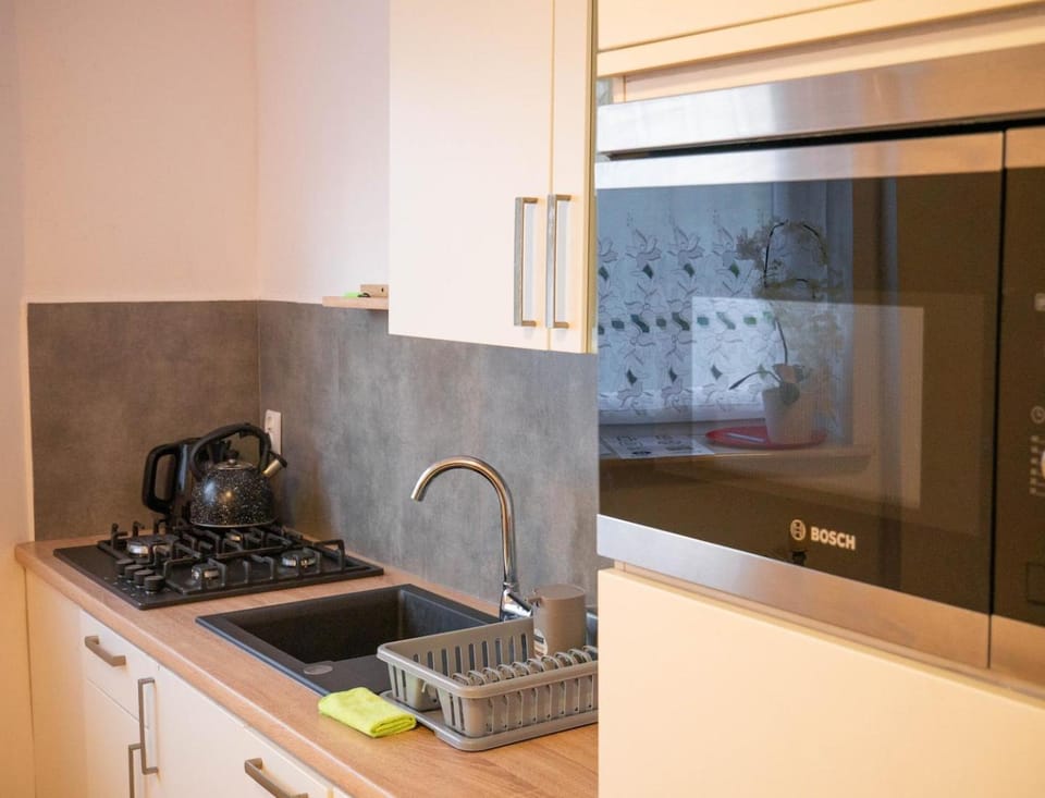 Kitchen or kitchenette, microwave, stove