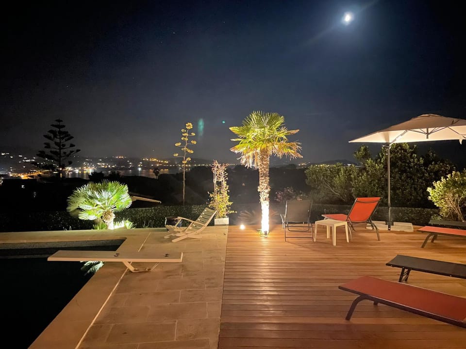 Patio, Night, Natural landscape, View (from property/room), Balcony/Terrace, Balcony/Terrace, Pool view, Swimming pool, sunbed