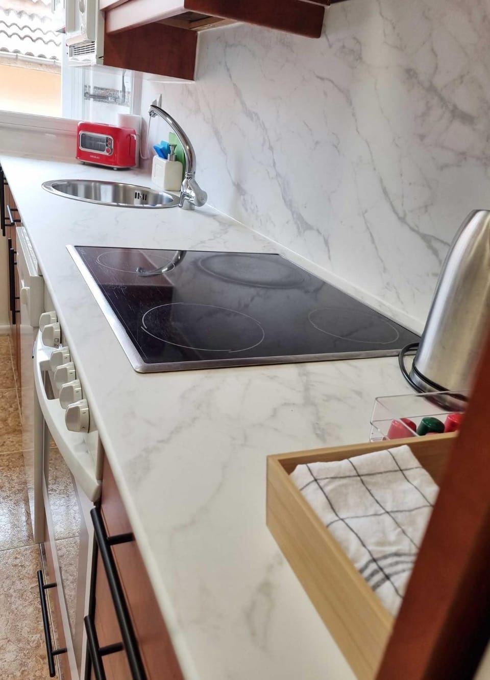 Kitchen or kitchenette, stove