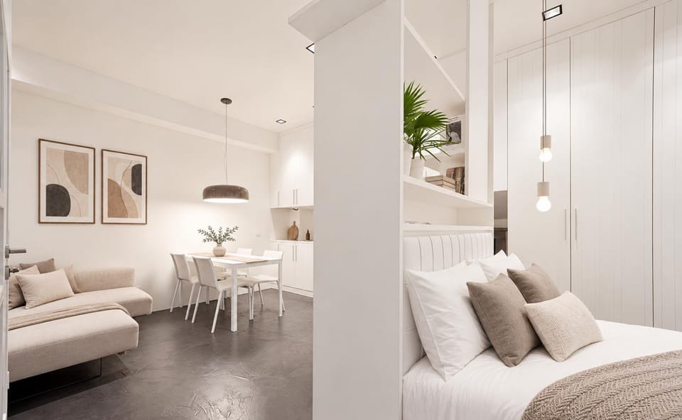 Bed, Living room, Photo of the whole room, Floor plan, Dining area, stove, kitchen
