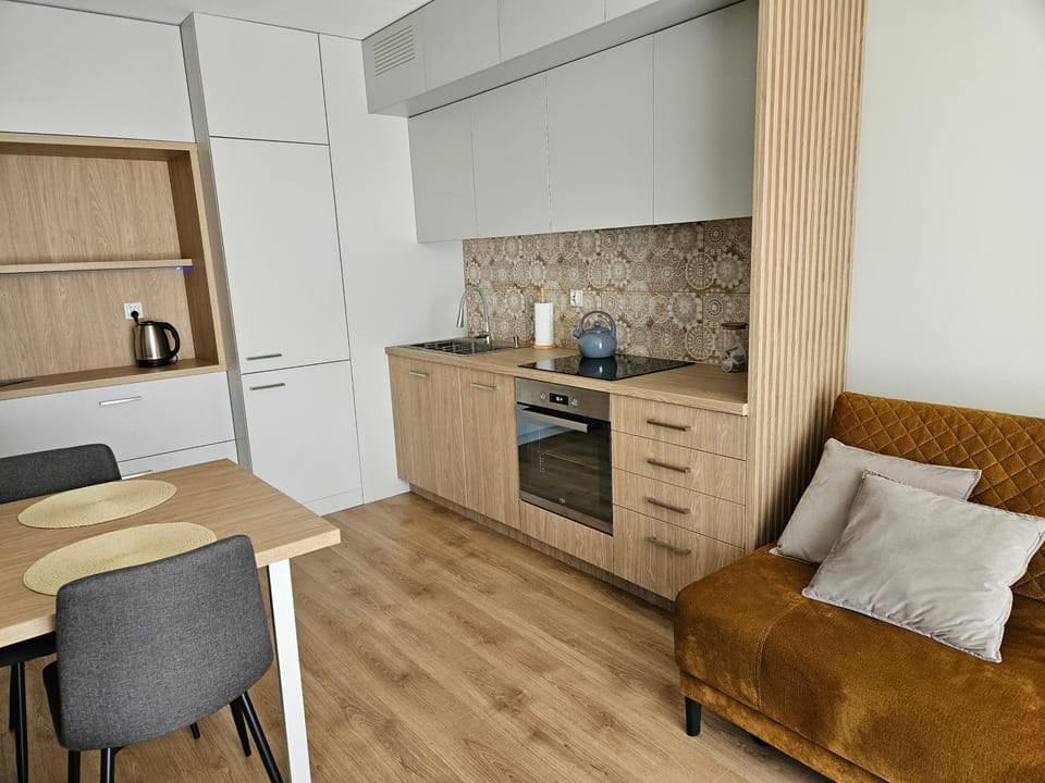 Kitchen or kitchenette, Living room, Seating area, Dining area, stove