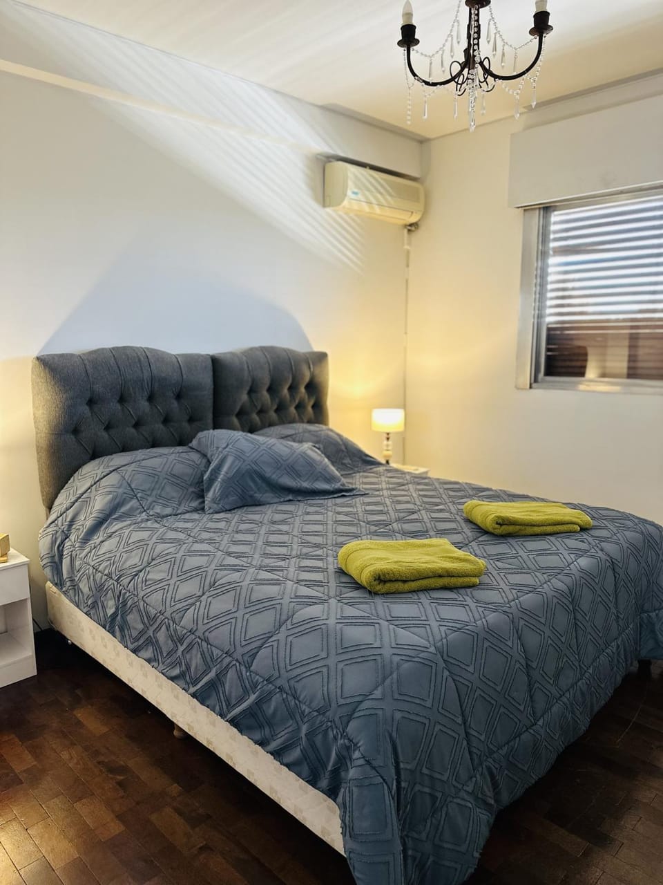 Bed, Photo of the whole room, Bedroom, towels, air conditioner