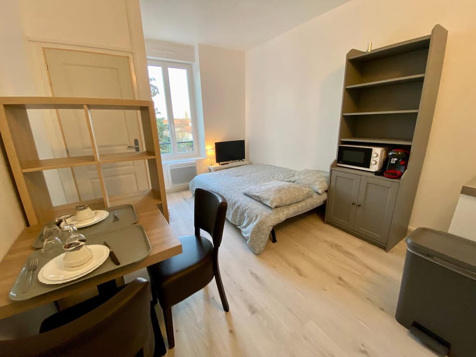 Bed, TV and multimedia, Dining area, hair dresser