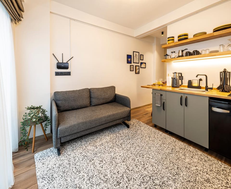 Coffee/tea facilities, Kitchen or kitchenette, Seating area, stove, toaster