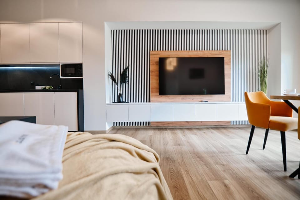 Communal lounge/ TV room, Bed, TV and multimedia, Kitchen or kitchenette, Living room, Photo of the whole room, Seating area, Bedroom