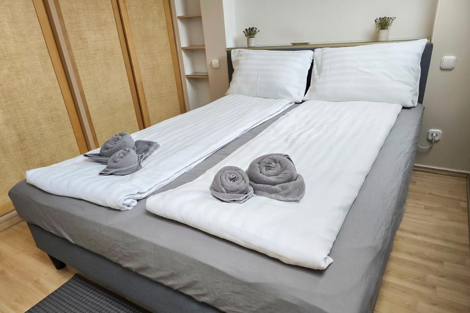 Photo of the whole room, Bedroom, towels, wardrobe