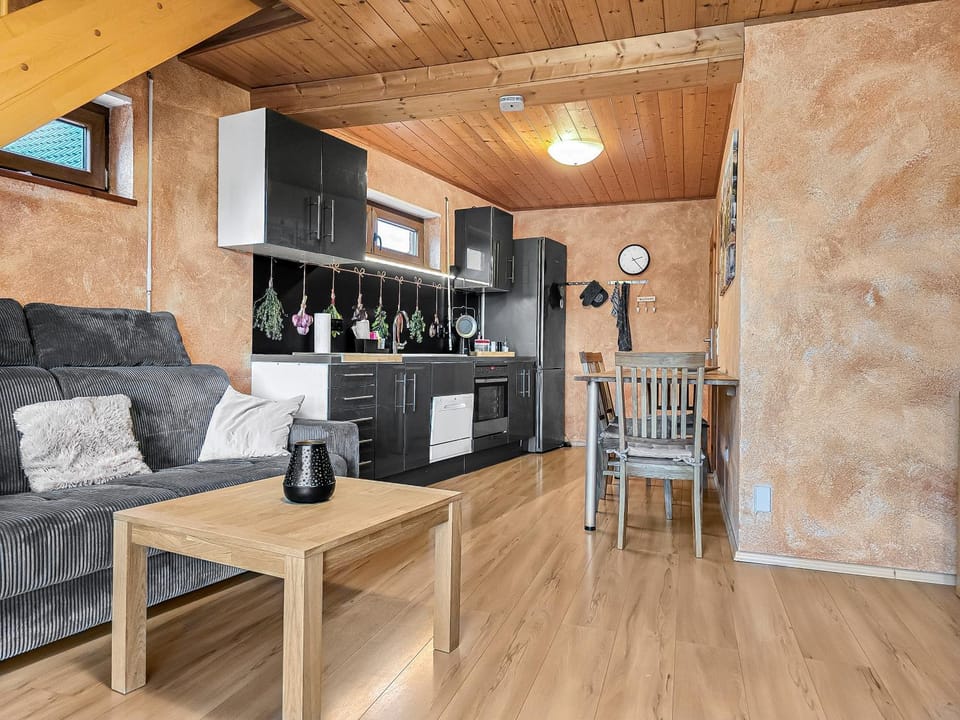 Kitchen or kitchenette, Living room, Seating area, Dining area