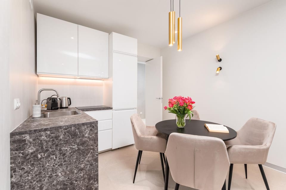 Kitchen or kitchenette, Living room, Seating area, Dining area, stove