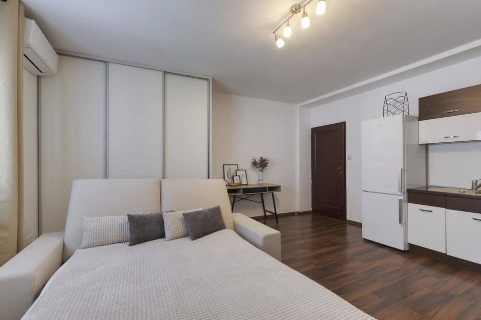 Bed, Kitchen or kitchenette, Living room, Seating area, wardrobe, air conditioner
