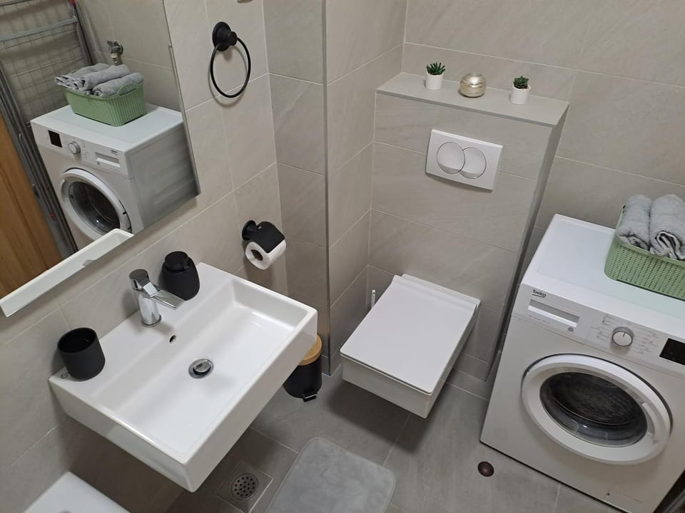 Bathroom, towels, washing machine