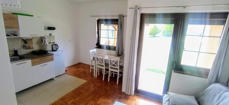 Kitchen or kitchenette, Dining area, Garden view, stove