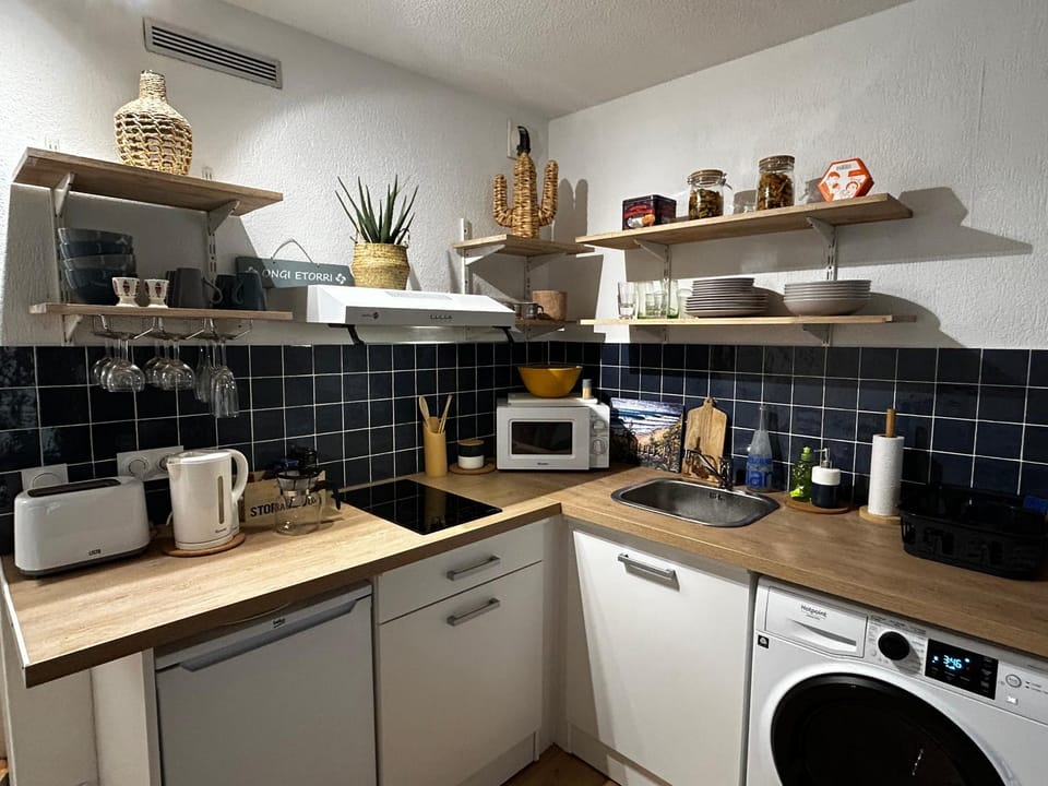 Kitchen or kitchenette, stove, toaster