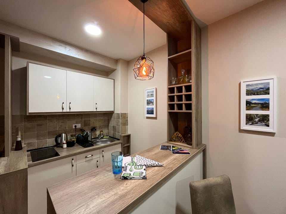 Kitchen or kitchenette, stove