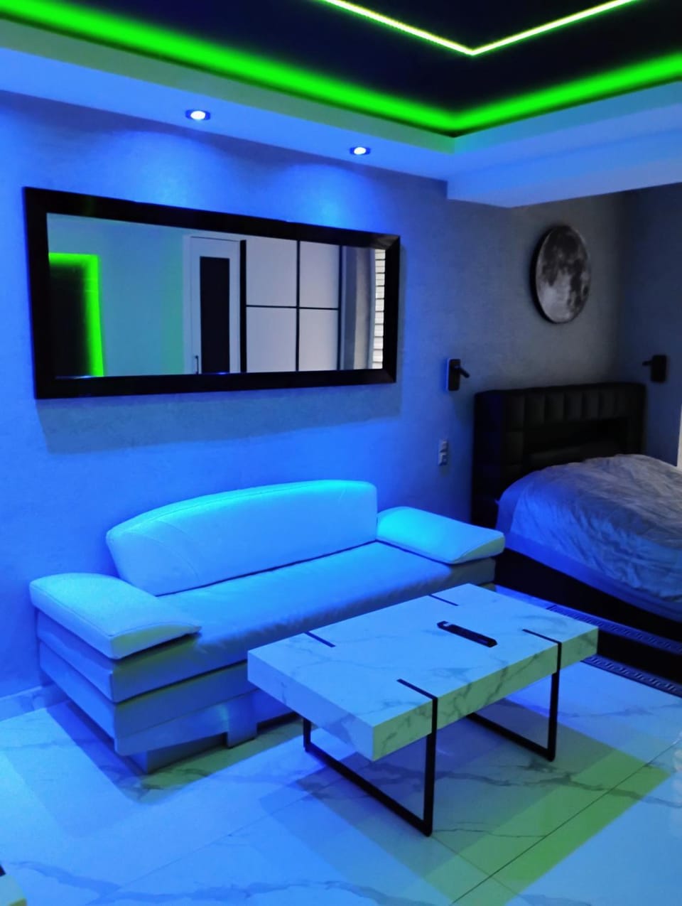 Bed, Living room, Seating area, Bedroom