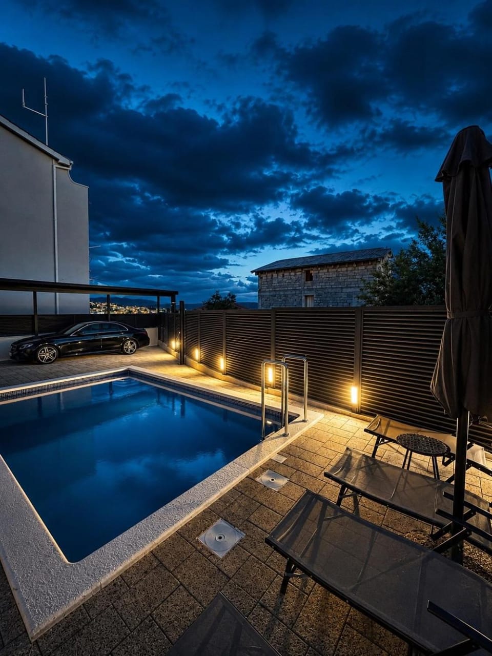 Night, Pool view, Swimming pool, sunbed