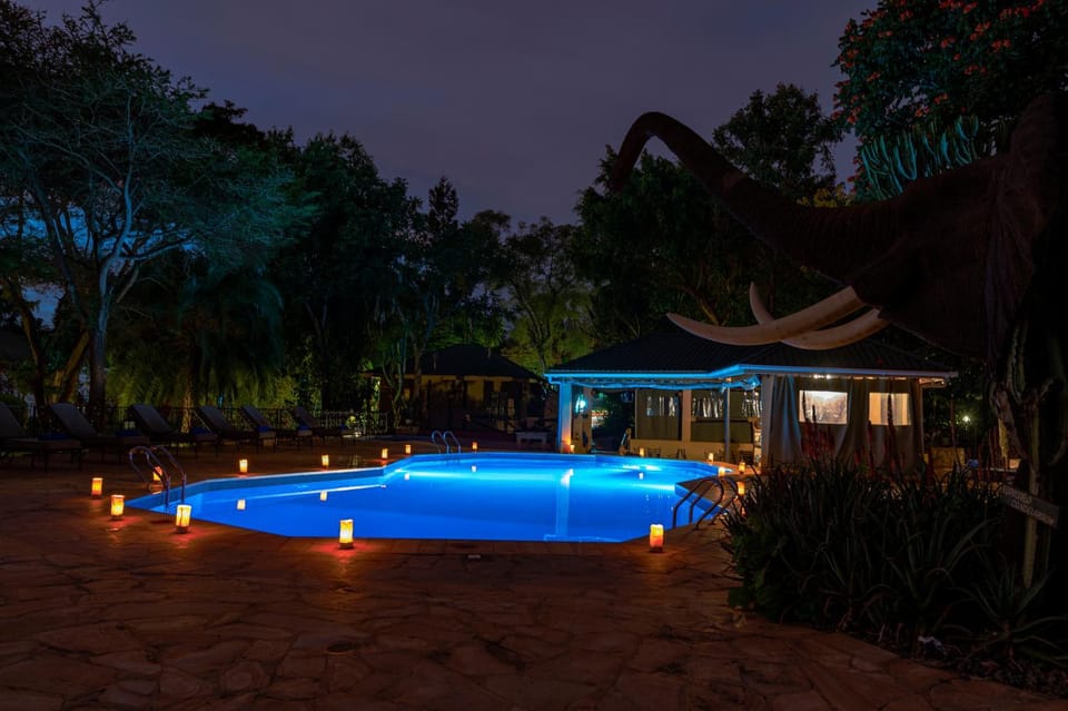 Property building, Night, Property logo or sign, Garden, Garden view, Pool view, Swimming pool
