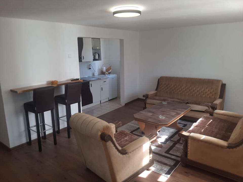 Kitchen or kitchenette, Living room, Seating area, Dining area