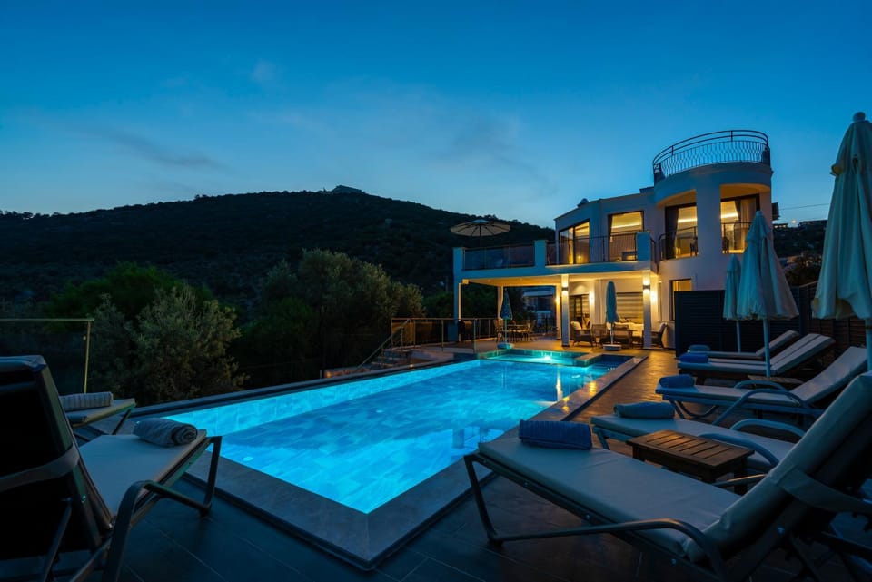Property building, Night, Natural landscape, Pool view, Swimming pool