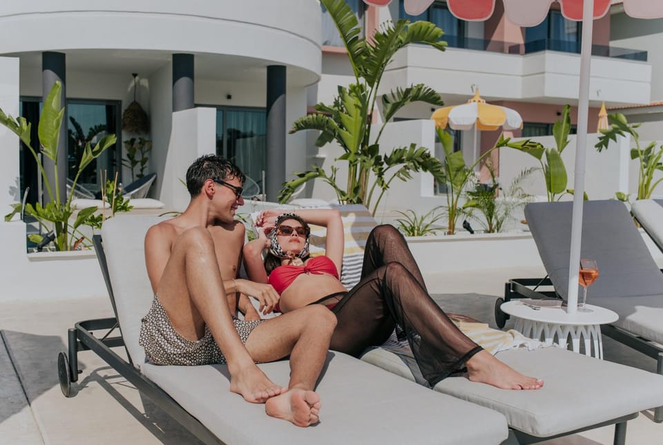 People, group of guests, sunbed