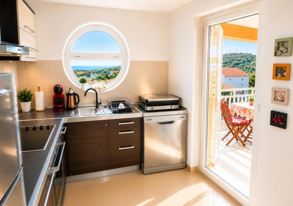 Coffee/tea facilities, Kitchen or kitchenette, Sea view, Drinks, dishwasher, internet, oven, stove, kitchen