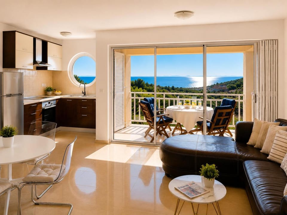 View (from property/room), Balcony/Terrace, Kitchen or kitchenette, Living room, Seating area, Dining area, Sea view, Quiet street view