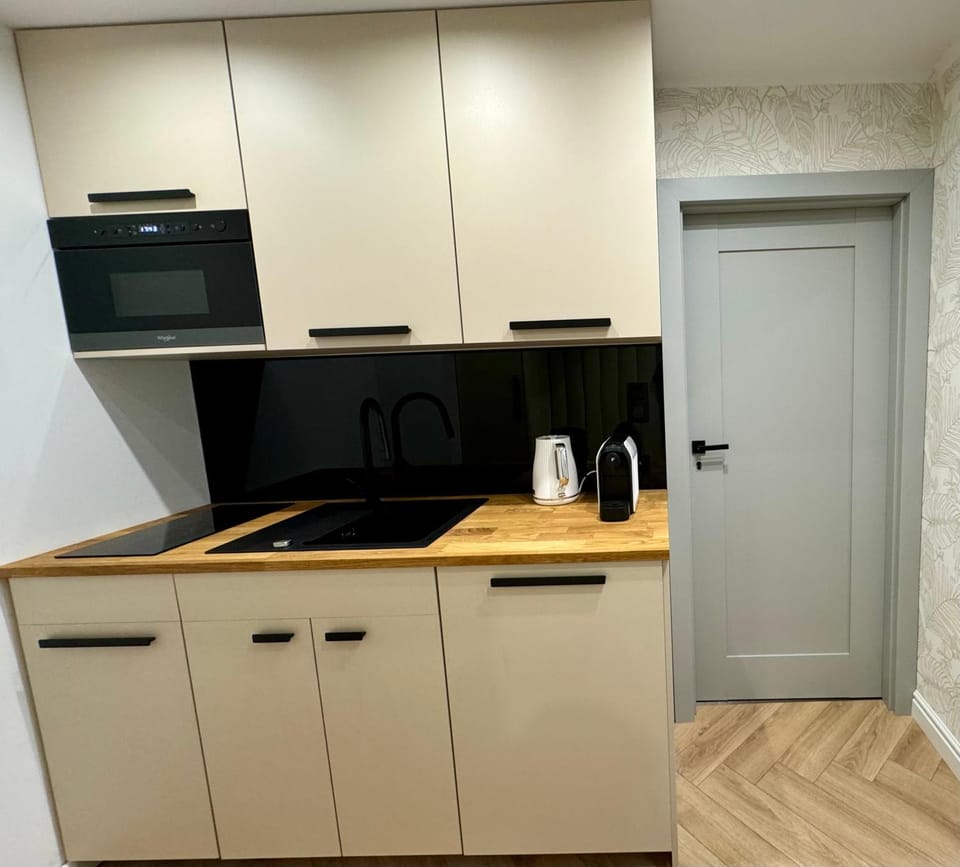 Kitchen or kitchenette, microwave, stove