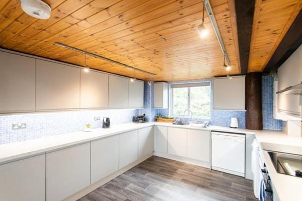 Kitchen or kitchenette, dishwasher, stove, washing machine