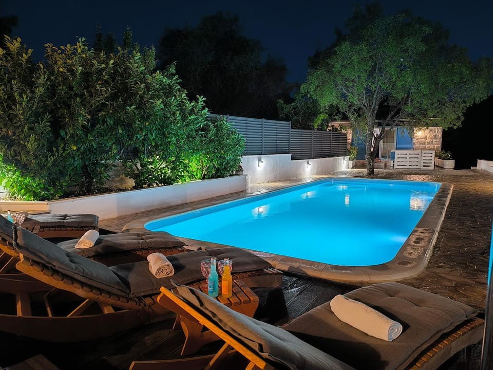 Night, Natural landscape, Pool view, Swimming pool, sunbed