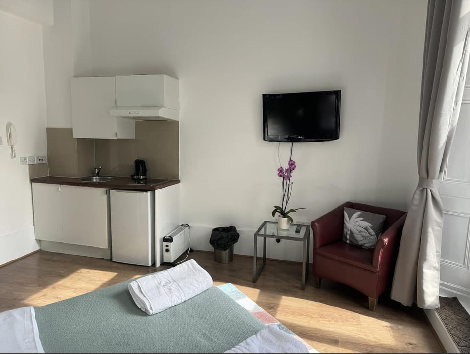 Bed, TV and multimedia, Kitchen or kitchenette, Decorative detail, Seating area, Bedroom, heating