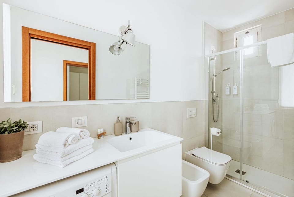 Shower, Toilet, Bathroom, bidet, towels, washing machine