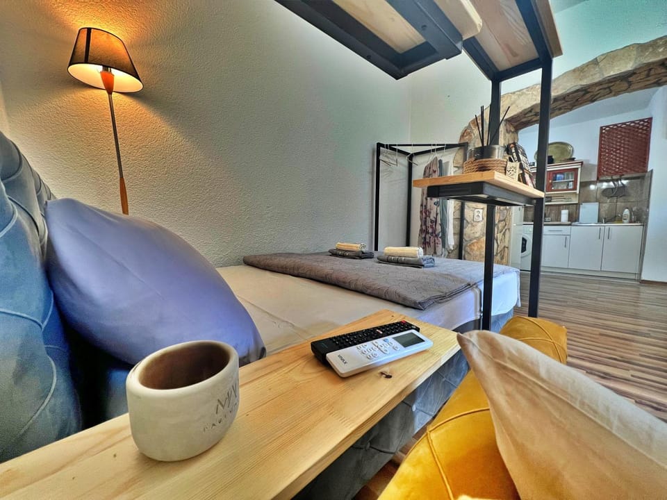 Bed, Coffee/tea facilities, Kitchen or kitchenette, Photo of the whole room, Seating area