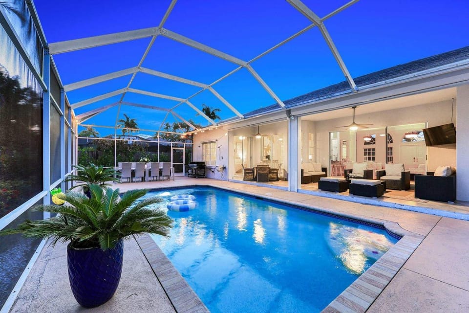 Patio, Night, Pool view, Swimming pool