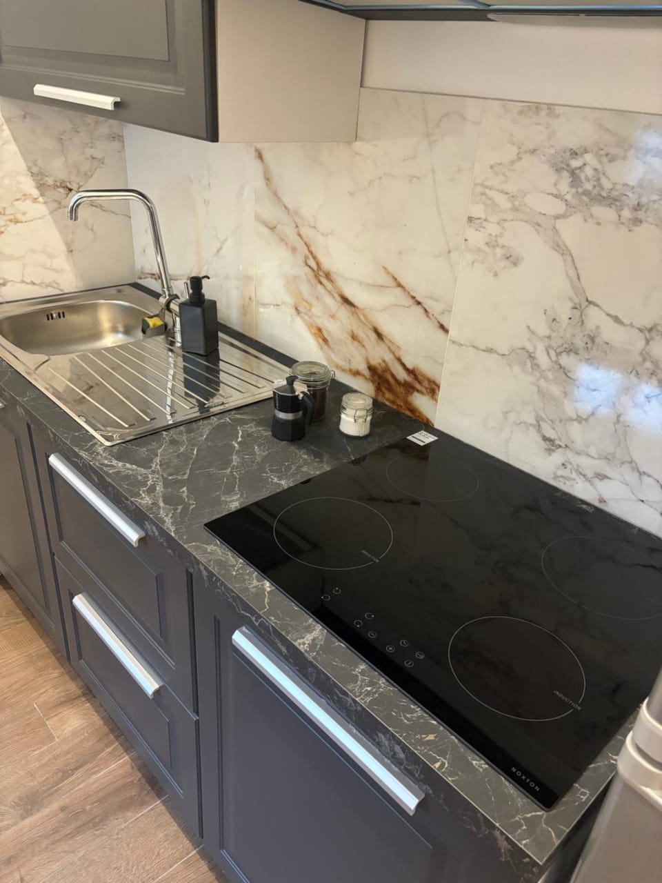 Kitchen or kitchenette, stove