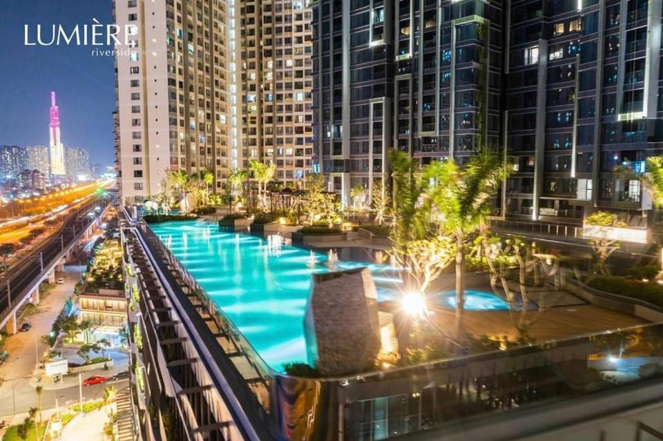 Night, City view, Swimming pool