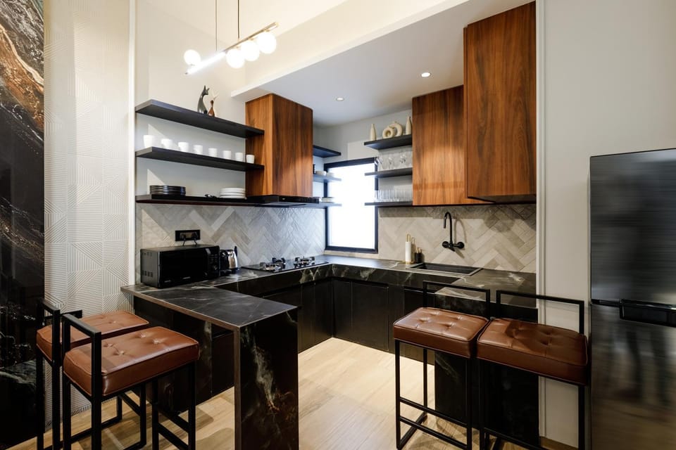 Kitchen or kitchenette, furniture, microwave, stove, kitchen, kitchen