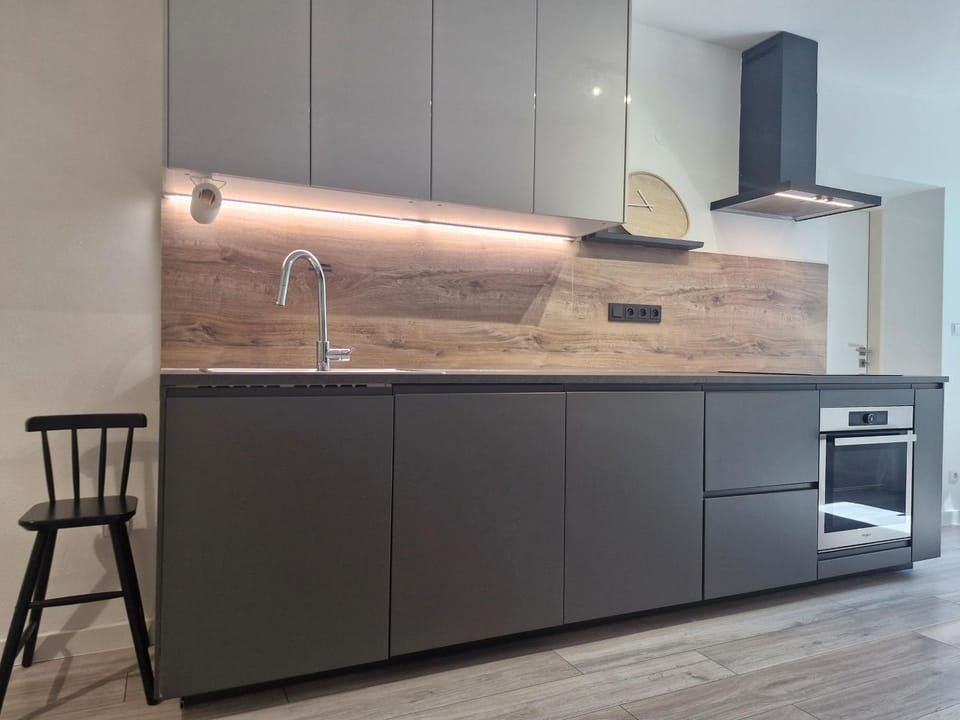 Kitchen or kitchenette, dishwasher, oven, stove