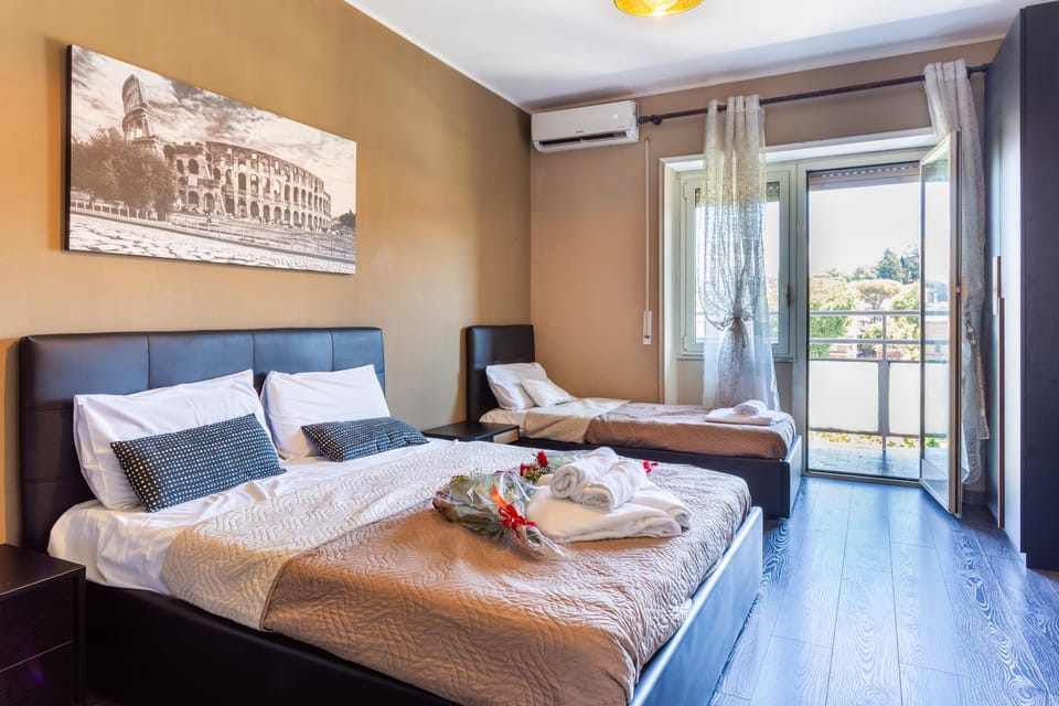 Bed, Photo of the whole room, Bedroom, towels, air conditioner