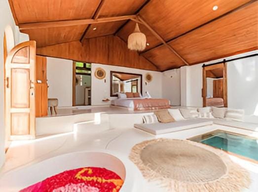 Living room, Bedroom, Pool view