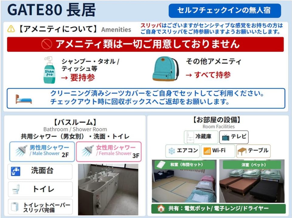 GATE80長居 無人宿 完全セルフ 予約メッセージ欄確認要す スマートロック 暗証番号チェックイン 素泊まり専門 アメニティ持参で格安滞在 セコム24h監視 駐車場なし Hostel in Osaka