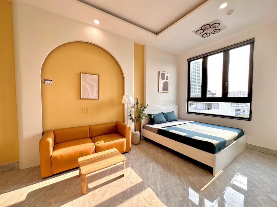 Bed, Day, Seating area, Bedroom