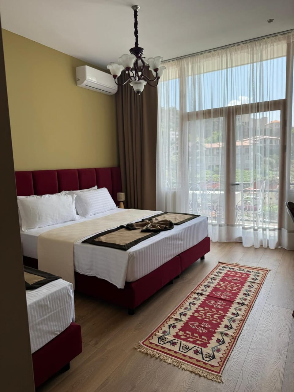 Bed, Photo of the whole room, Bedroom, fireplace, towels, air conditioner