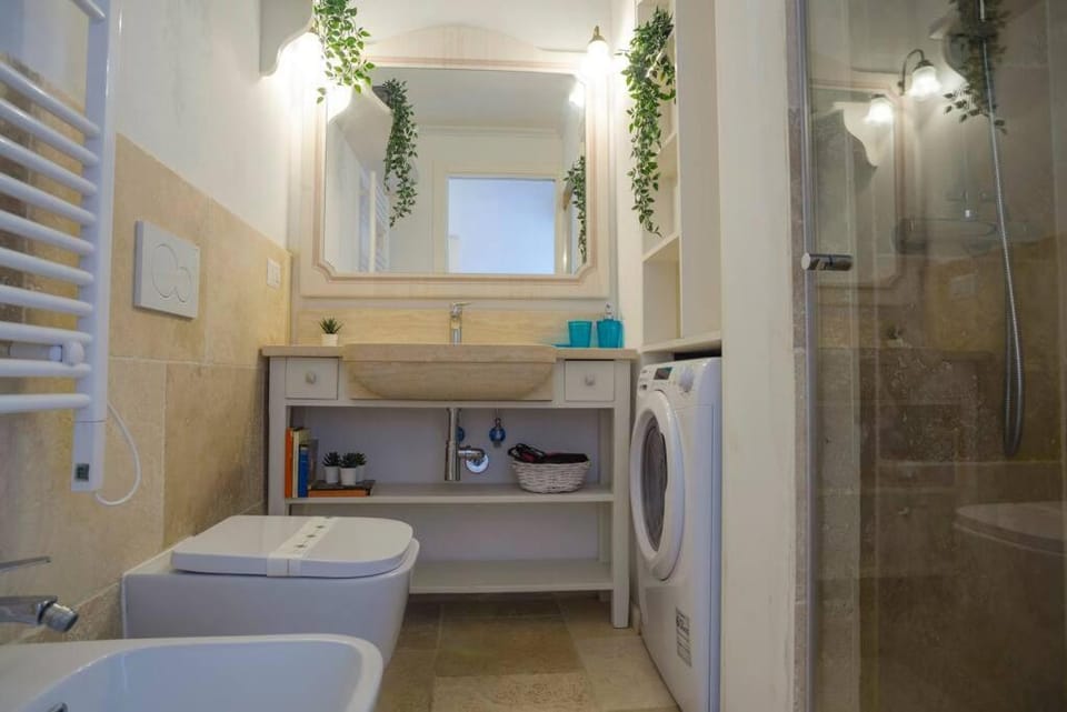 Shower, Toilet, Bathroom, bidet, towels, washing machine, dryer