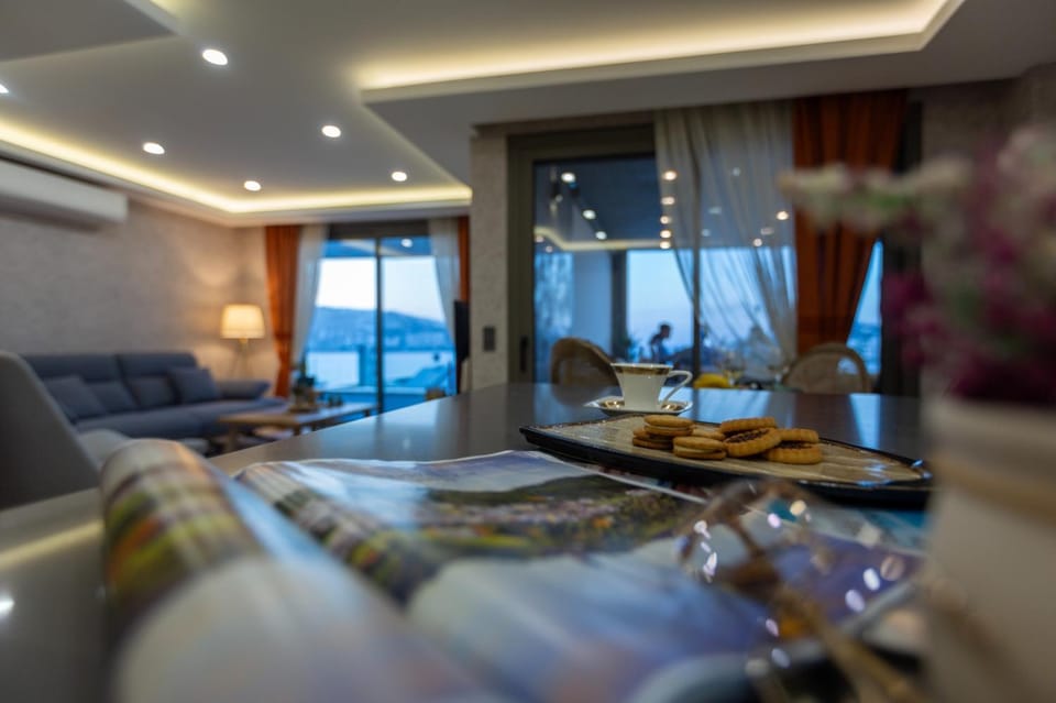 Living room, Food and drinks, Seating area, City view, Garden view